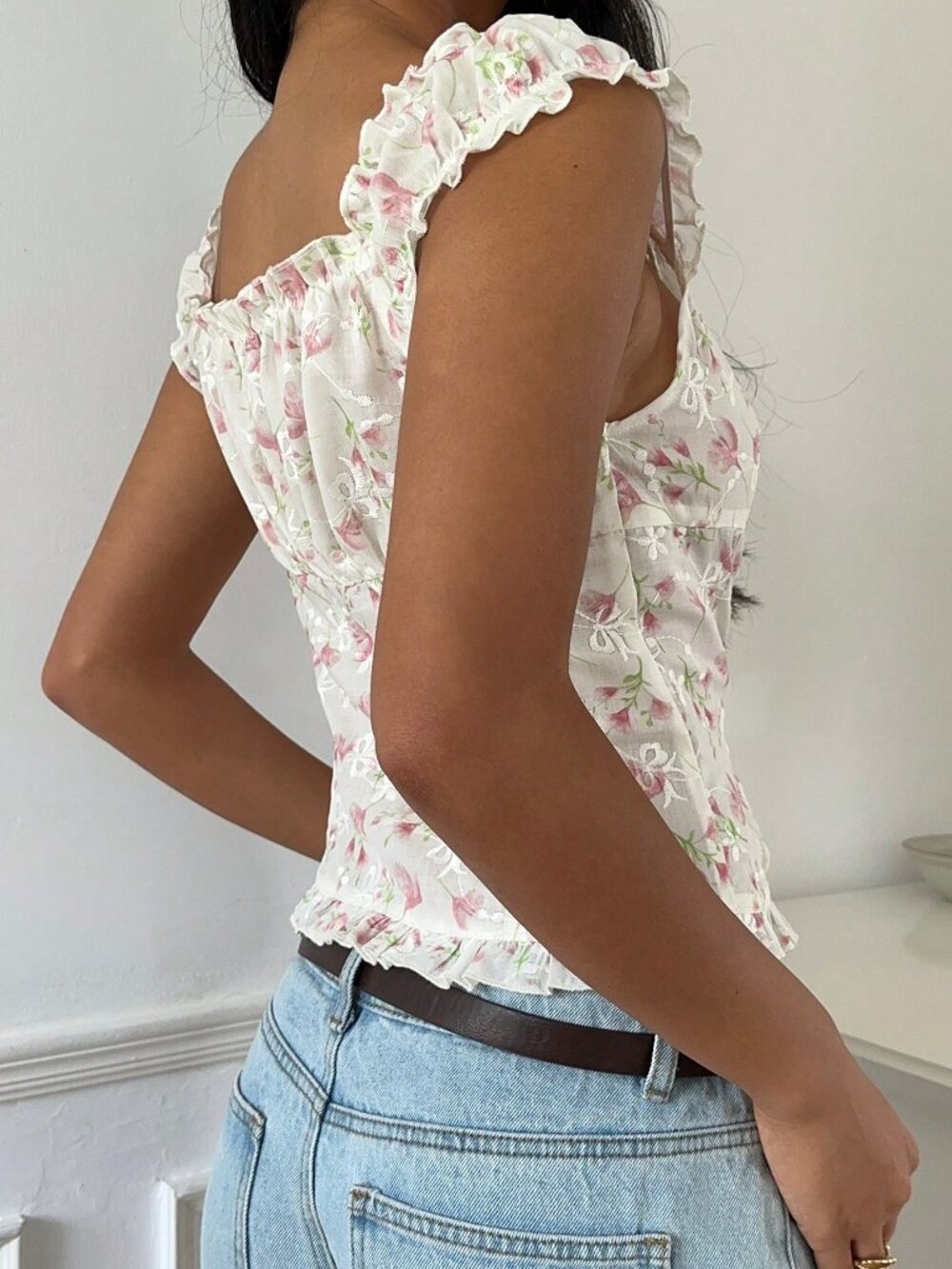 Multicolor Boho Women's Casual Ditsy Floral Frill Trim Single-Breasted Shirt - Picture 2 of 6